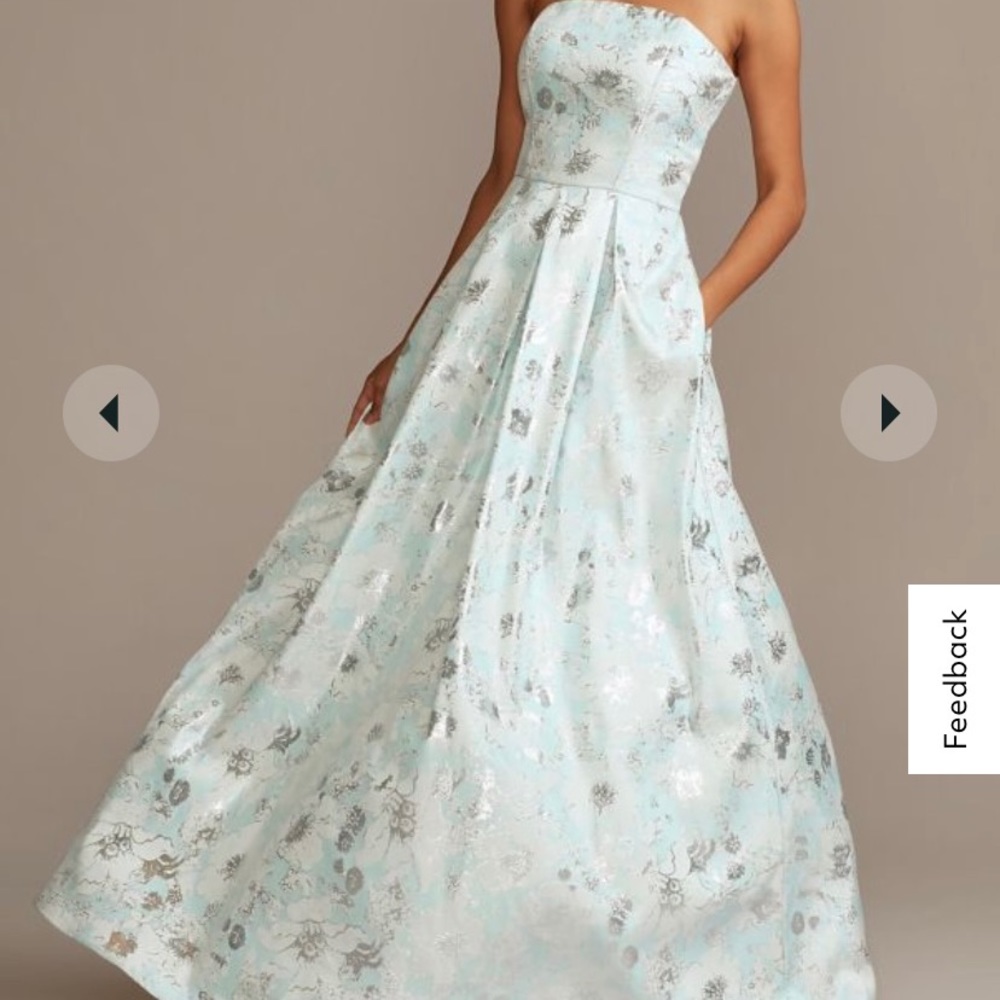 David’s Bridal prom size 17; strapless but has attachable straps; fits small